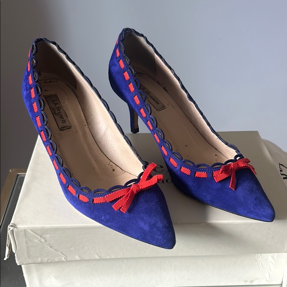L.K. Bennett London Blue and Red Women's Kitten Heels size 8 comfortable